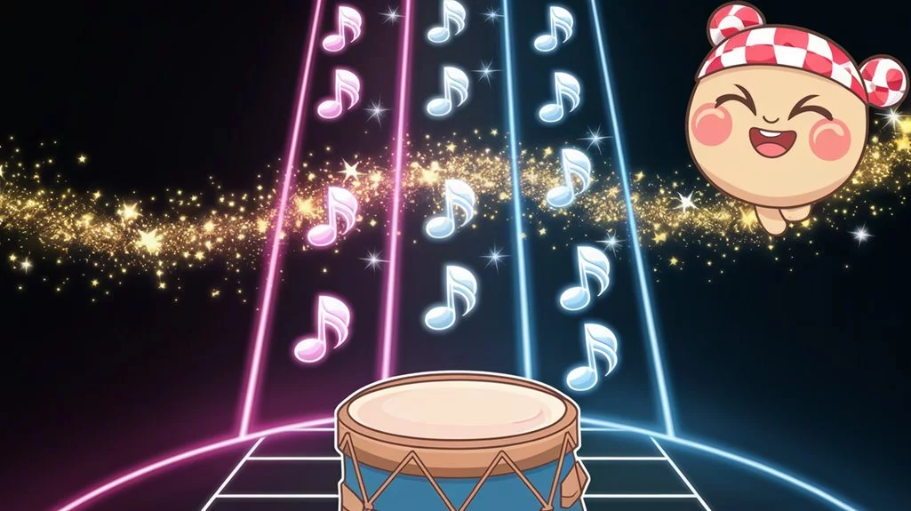 Musikalische Animation mit einer Trommel und Noten.