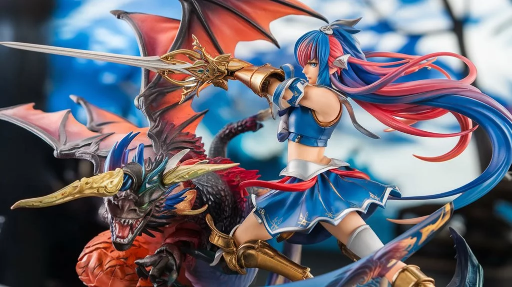 Figur einer Kriegerin mit Drache und Schwert.