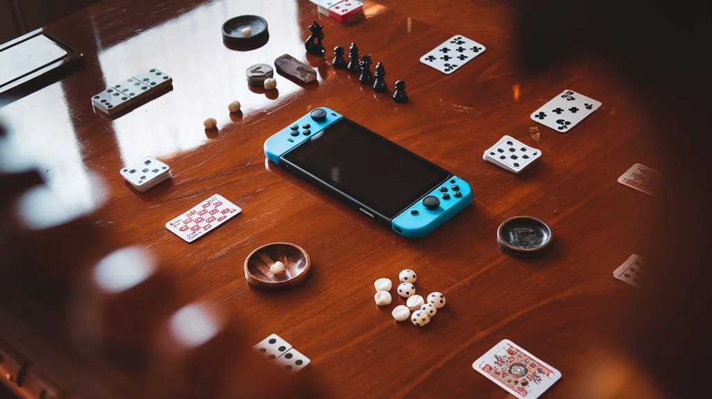 Spiele und Konsole auf einem Tisch arrangiert