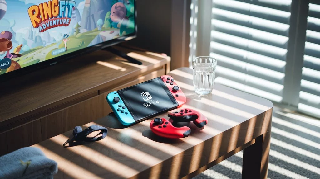 Ein Nintendo Switch mit blauen und roten Joy-Cons steht auf einem Holztisch neben einem Glas Wasser, einem Fitness-Ring-Controller und einem Fernseher, auf dem das Spiel Ring Fit Adventure läuft.